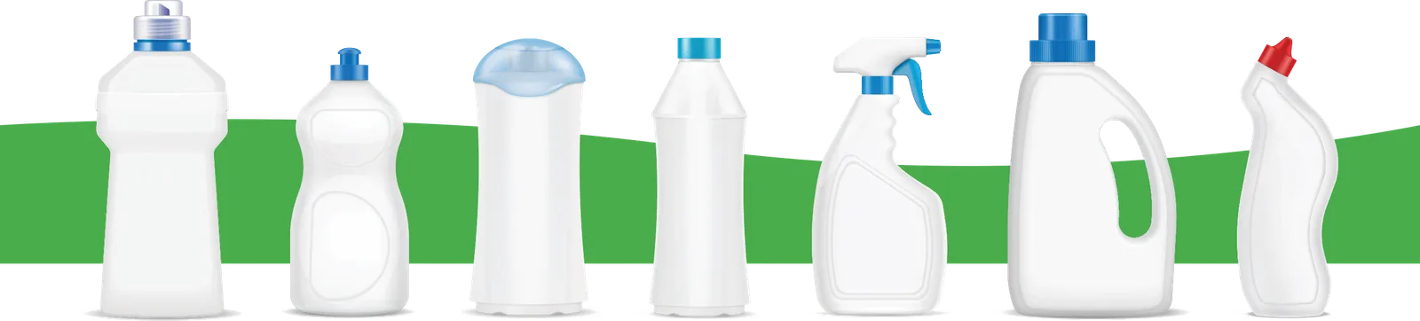White plastic bottles in seven shapes with screw caps, pumps and a trigger sprayer