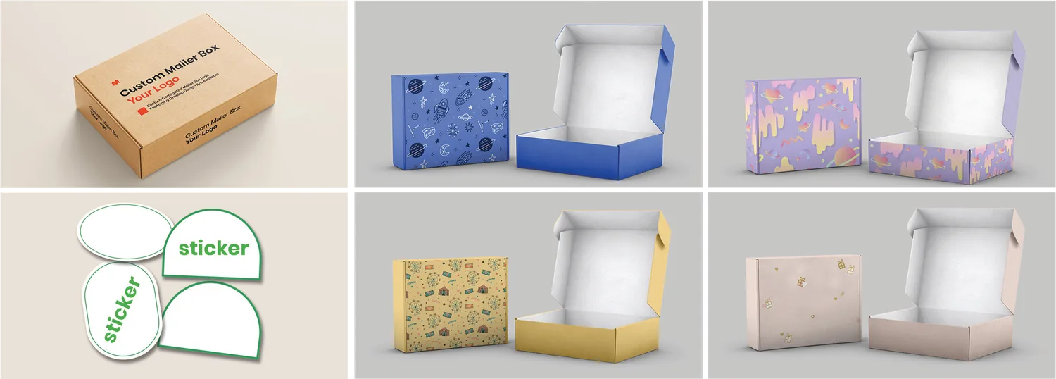 Corrugated mailer boxes in kraft, blue, lilac, yellow and blush, with custom stickers